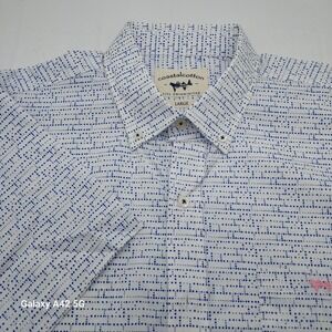 Coastal Cotton Men Large White Blue Dot Short Sleeve Button Down Shirt Fish Logo